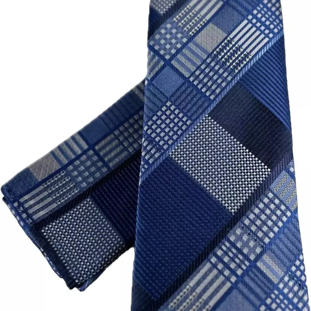 Stacy Adams Men's Tie & Hanky Set Royal Blue Silver Navy Blue Plaids 3.25